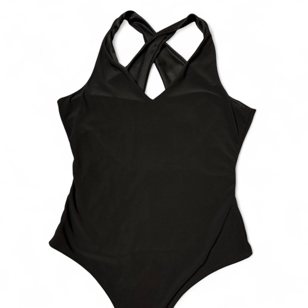 Fashion Nova Black Cross-Strap One-Piece Swimsuit